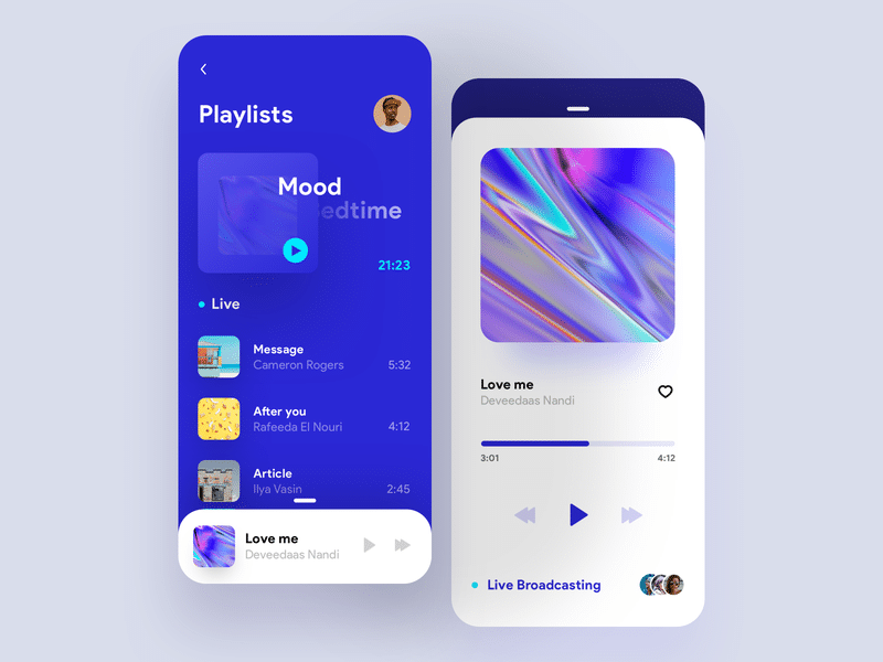 Interface de player de música com layout moderno e elementos em neumorphism